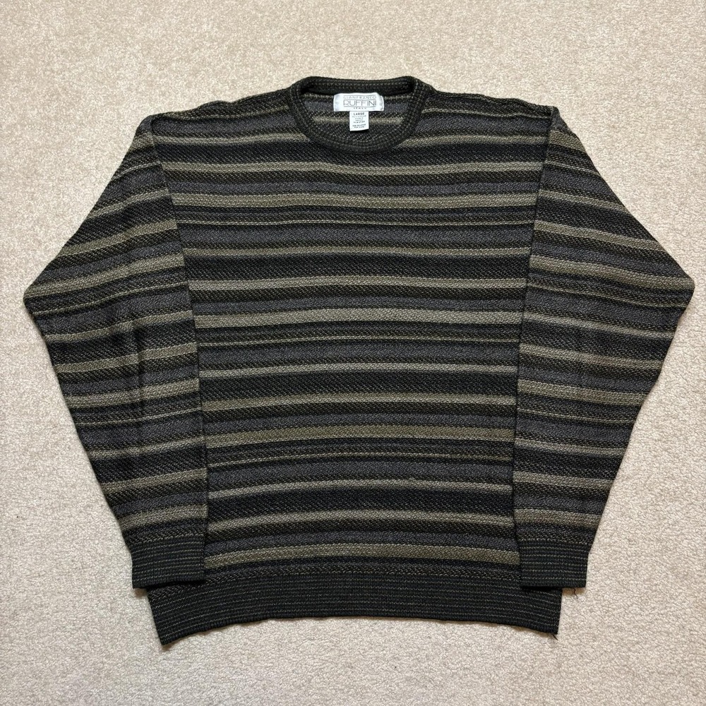 Vtg Earth Tone Sweater Large Gray Striped Knit Crewneck Grandpa Indie Italy